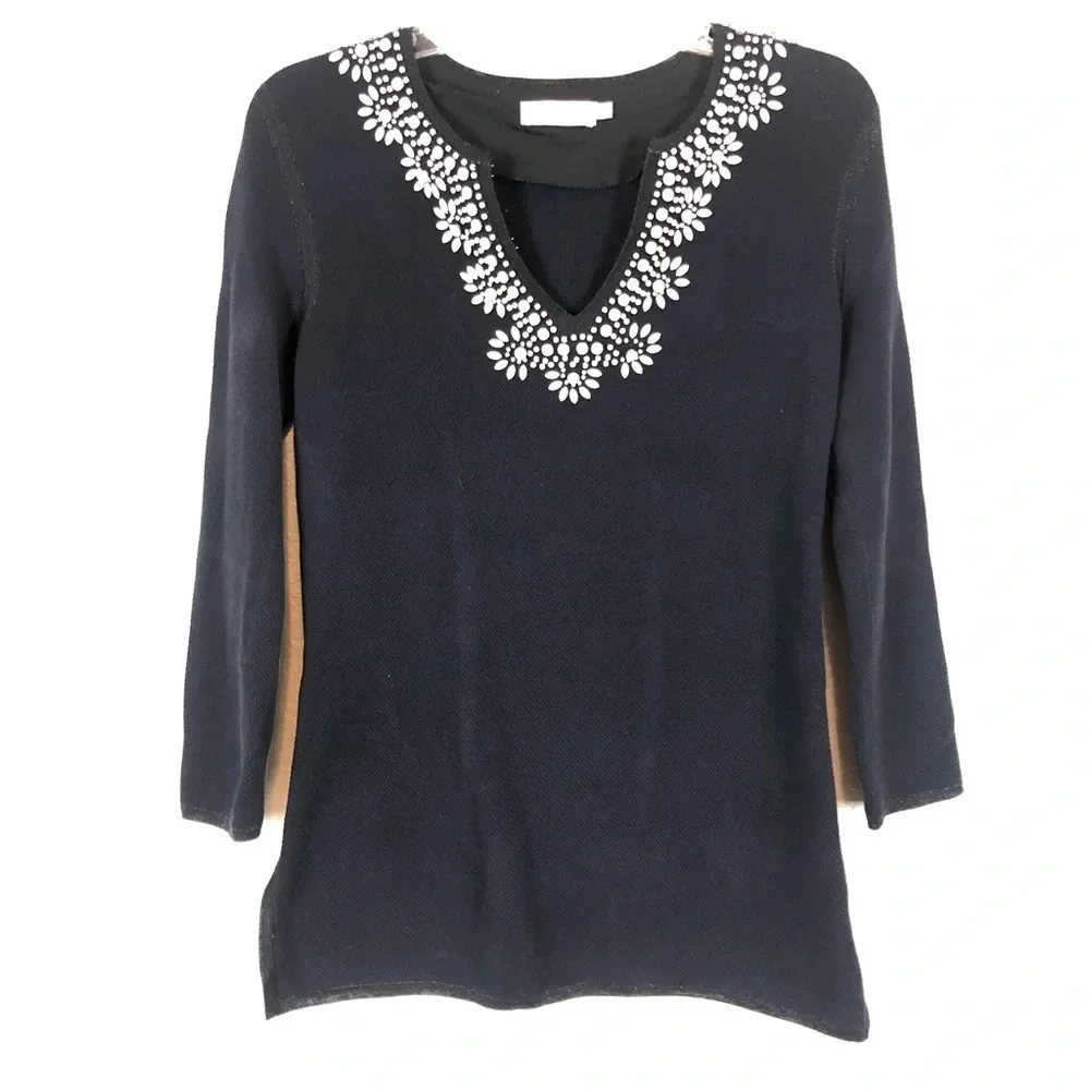 Tory Burch Navy Blue Beaded Long Sleeve Tunic Sweater XS